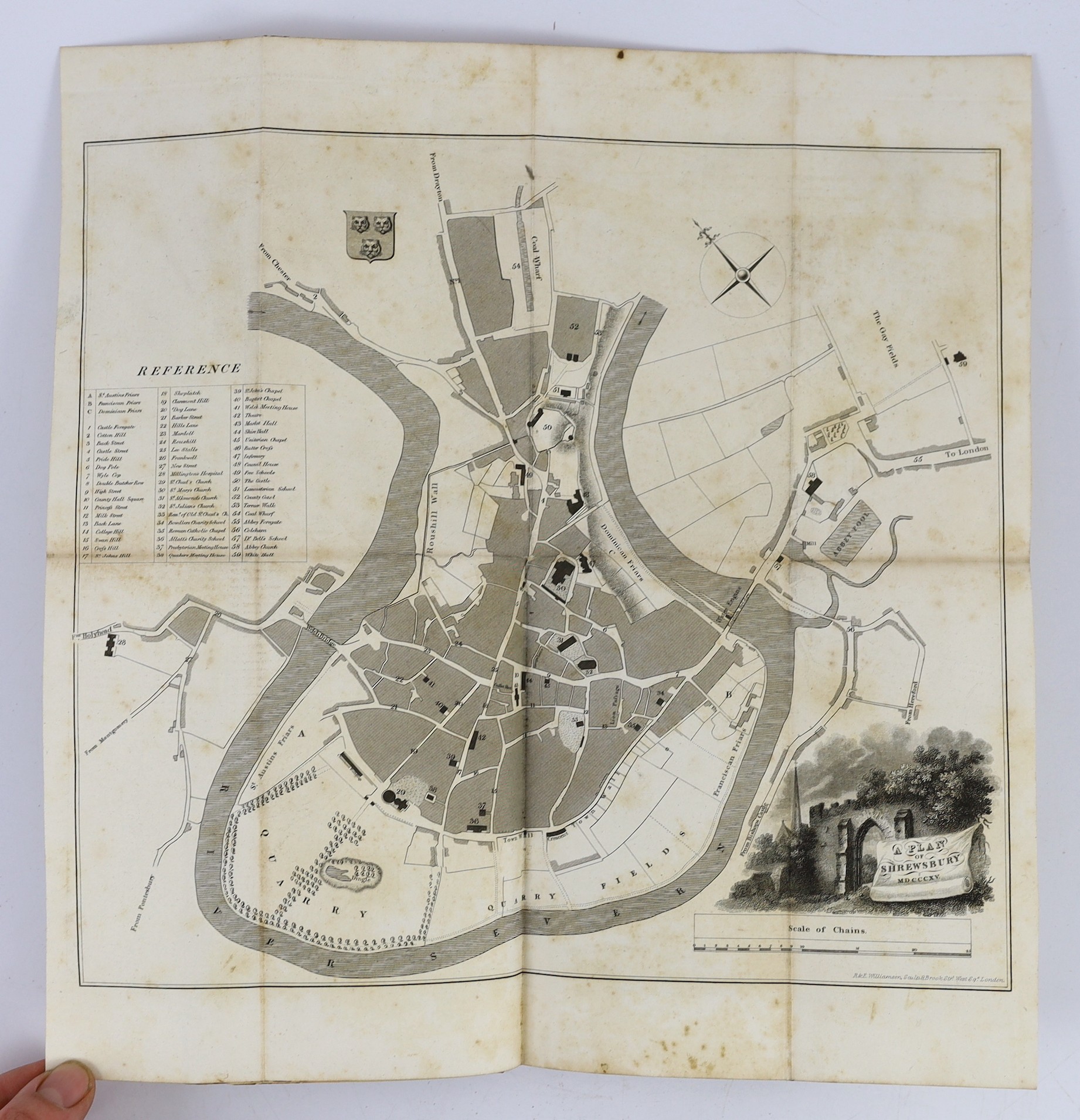 SALOP: The Stranger in Shrewsbury...large folded pictorial plan and 4 plates, subscribers list; contemp. calf (rebacked), marbled edges. Shrewsbury, (1816); (? Owen, H.) Some Account of the Ancient and Present State of S